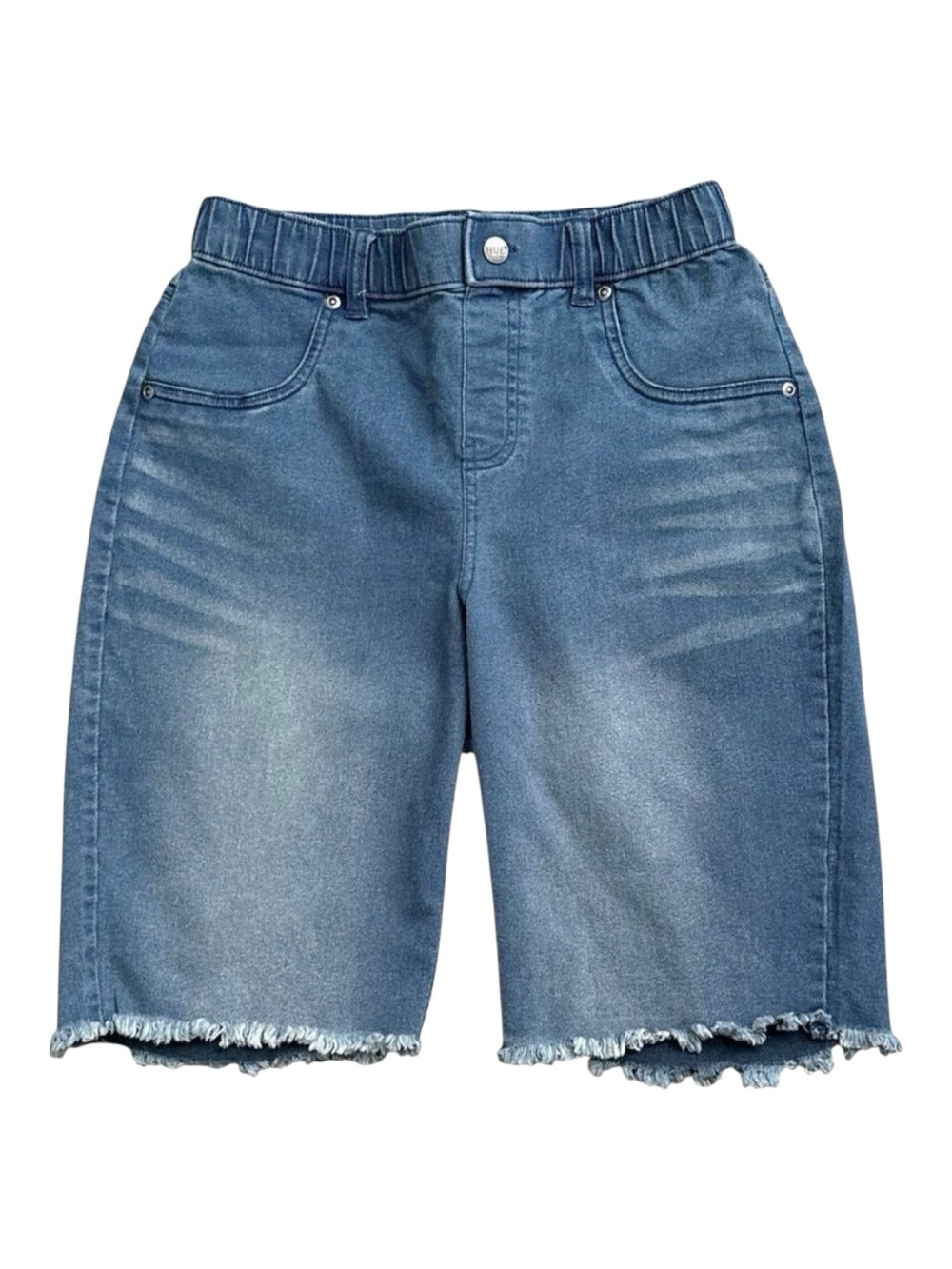 Hue Jean Shorts Womens XS Blue Denim Bermuda Pull On Stretch Cut Off Frayed Hem
